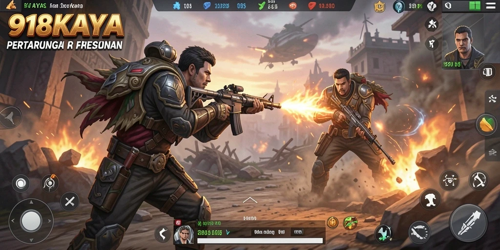 Screenshot utama 918KAYA dengan aksi gameplay FPS yang mendebarkan.