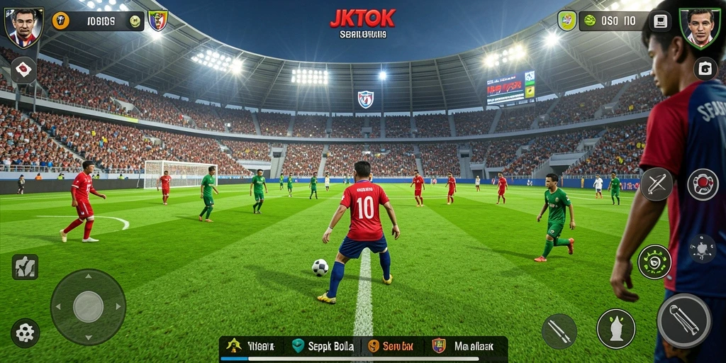 Tangkapan layar utama JKTOK menampilkan aksi sepak bola yang seru.