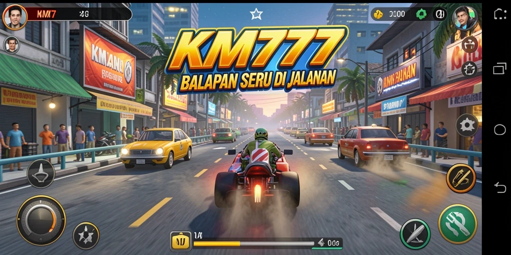 Screenshot gameplay KM777 menampilkan mobil balap di lintasan yang menegangkan.