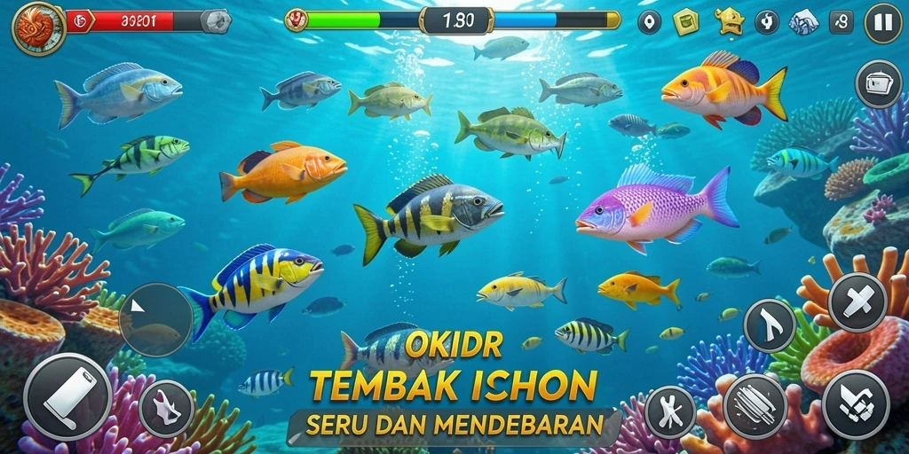 Screenshot gameplay OKIDR yang menunjukkan aksi menembak ikan.